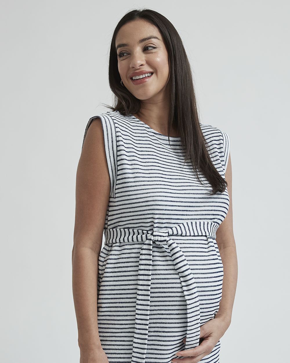 Striped French Terry Sleeveless Dress with Sash - Thyme Maternity