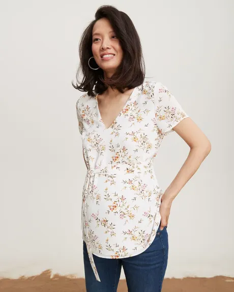 Silky Crepe V-Neck Short Sleeve Blouse with Sash - Thyme Maternity