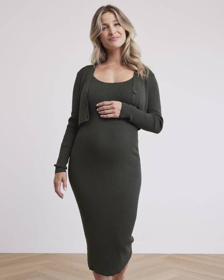 RW&CO Knit Crepe Long Sleeve Midi Dress with Front Twist - Thyme Maternity