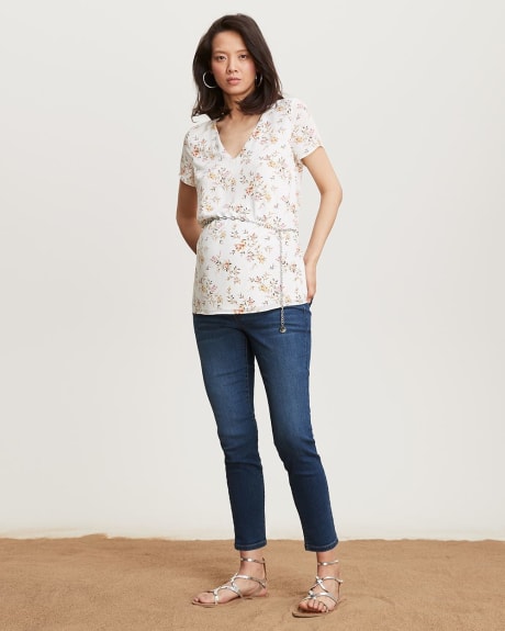 Silky Crepe V-Neck Short Sleeve Blouse with Sash - Thyme Maternity