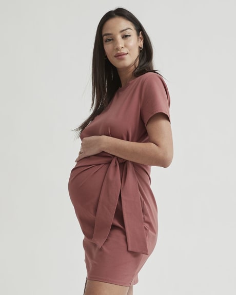 Crew-Neck Short Sleeve Dress with Front Tie - Thyme Maternity