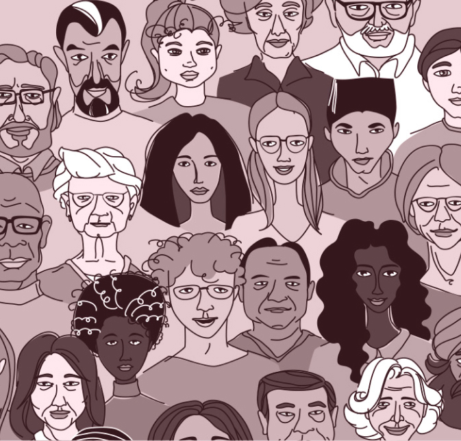 A sketch of diverse people standing in a crowd.