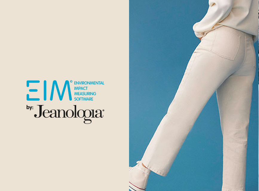 Le logo EIM par Jeanologia. Une femme en jean blanc appuyée sur une jambe.