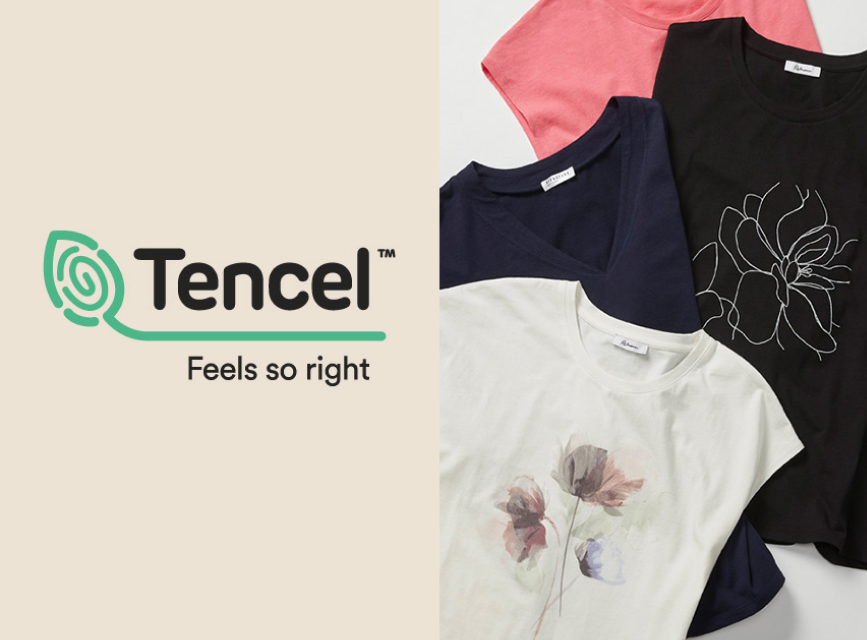 Le logo TENCEL™ Modal. Quatre hauts posés les uns sur les autres sur une surface plane.