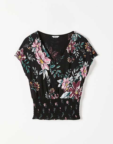 Buttoned-Down Printed Top with Smocking