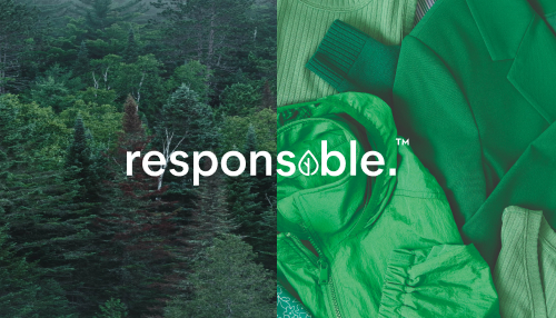 An overview of a lush, green forest. (left) A green jacket, blazer and sweaters all laid out. (right)