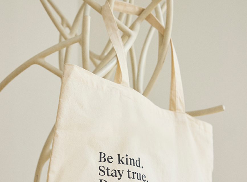 A white canvas tote bag hanging from a white tree branches.