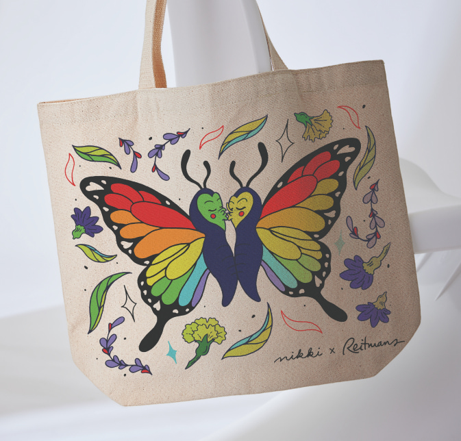 Illustration du sac de magasinage à motif de papillon de l'artiste Nikki Küntzle pour la Fierté 2023.