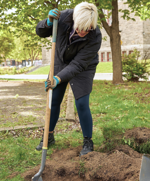 A blonde woman replanting a tree in a park.